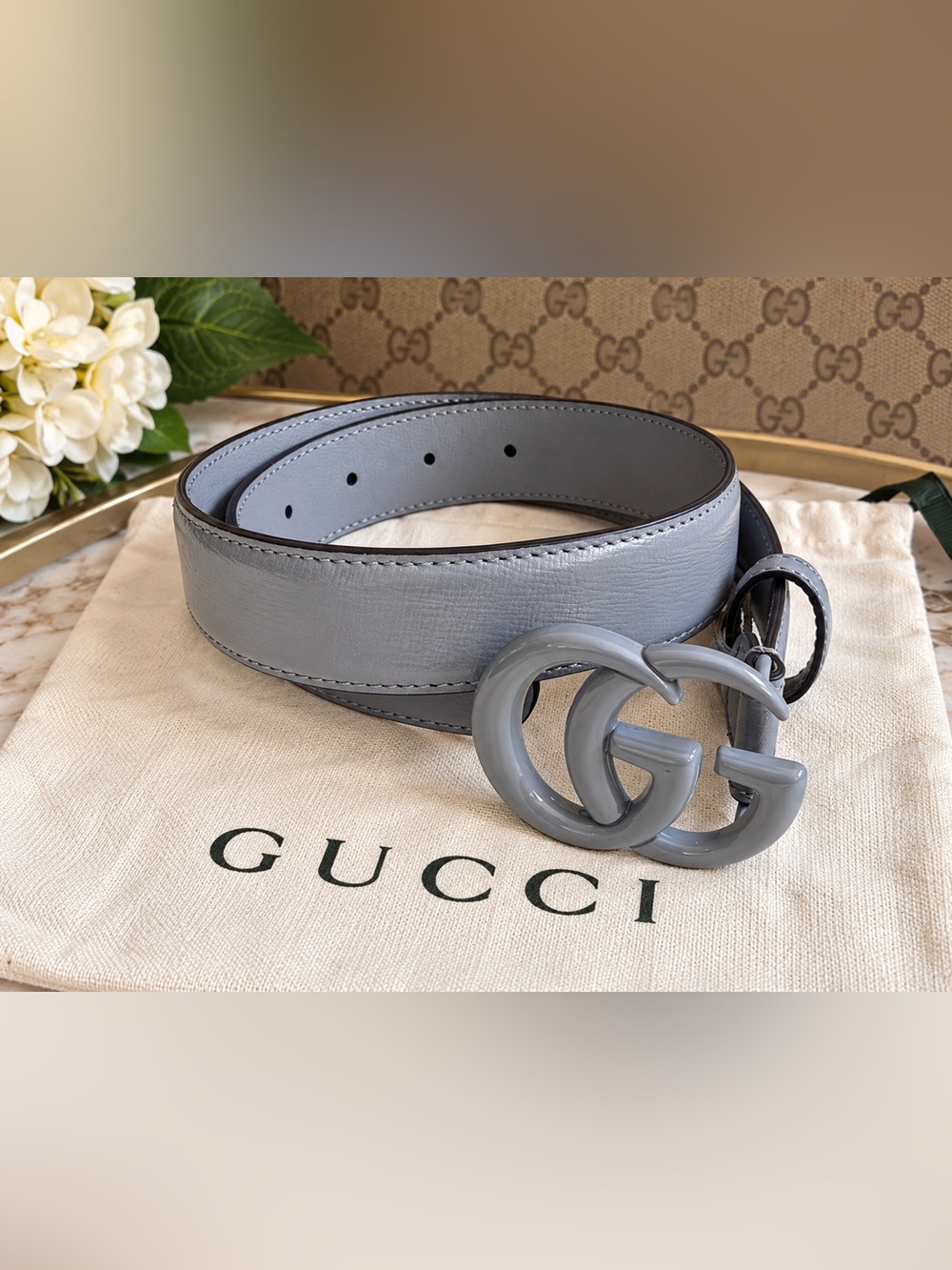 Gucci GG Marmont Gray Leather Double G Belt Size 65/26 w/ Dust Bag